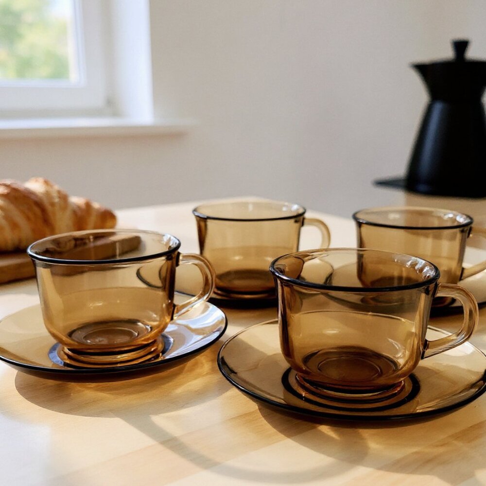 VTG FRANCE Smokey Brown Glass Tea Coffee Cups & Saucers Set of 6 Great Condition